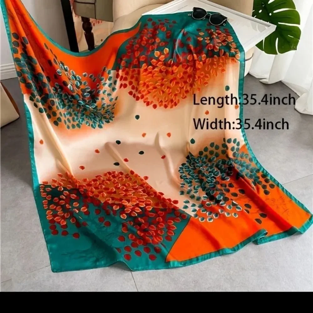 TURQUOISE silky orange bright happy leaf scarf